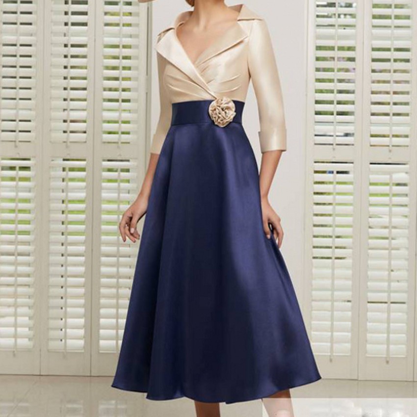 Mother Of The Bride Dresses 2024 Top Champagne Formal Wedding Party Gowns Half Sleeves Tea Length Sexy V Neck Wers Vestidos