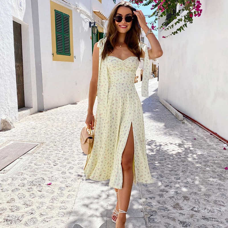 Colysmo Floral Summer Dresses Women Spaghetti Straps Chest Ruched Long A-line Sweet Print Prairie Chic Midi 210527