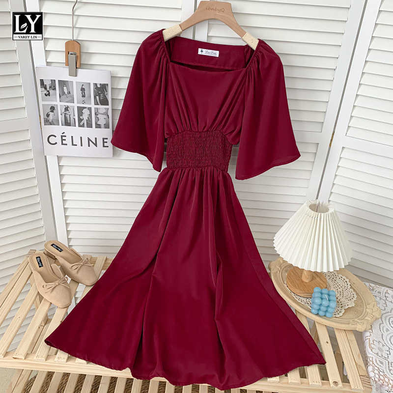LY VAREY LIN Summer Women High Waist A-line Solid Color Medium Long Dresses Casual Square Collar Flare Sleeve Female 210526