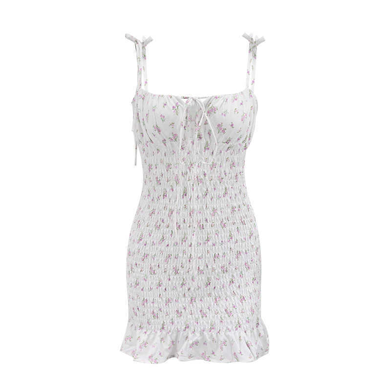 DEAT Spring Summer Fashion Sexy Off Shoulder Floral Lace Up Pleated Ruffle Suspender Short Dress Women SK771 210709