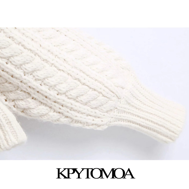 KPYTOMOA Women Fashion With Rhinestone Buttons Cropped Cable-Knit Sweater Vintage Lantern Sleeve Female Pullovers Chic Tops 210218