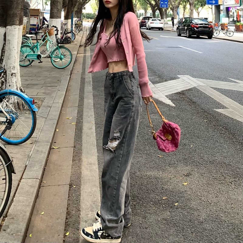 Black Ripped Hole WideLeg Jeans High Street Korean Trendy Denim Women'S Pants Loose Waist Streetwear StraightLeg Trousers 210922
