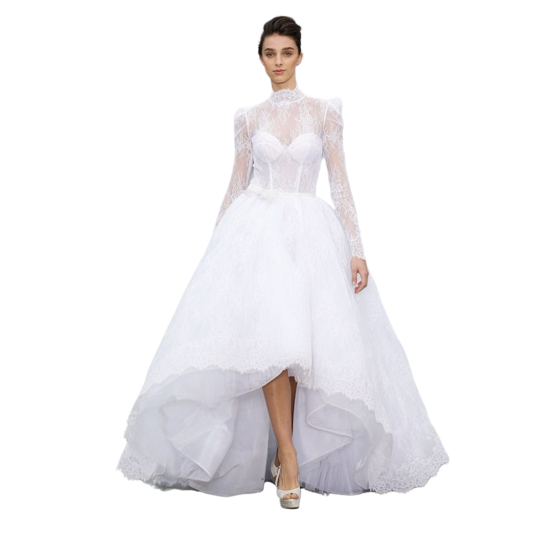 Vintage Hi-Lo High Neck Lace Wedding Dress A Line Full Sleeves Corset Bridal Gowns Short Front Long Back Garden Bride Wedding Dresses Custom Made robe