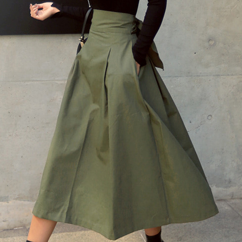 shintimes Skirts Womens Korean Fashion Solid Color Big Swing Ladies Skirt Long Skirt Autumn Wild High Waist Bow Slim Skirts 210309