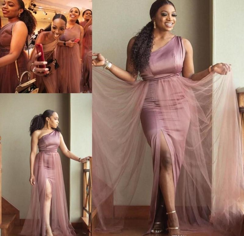Dusty Pink Bridesmaid Dresses One Shoulder A Line Side Slit Tulle Elastic Satin Custom Made Plus Size Miad Of Honor Gown Formal Evening Wear
