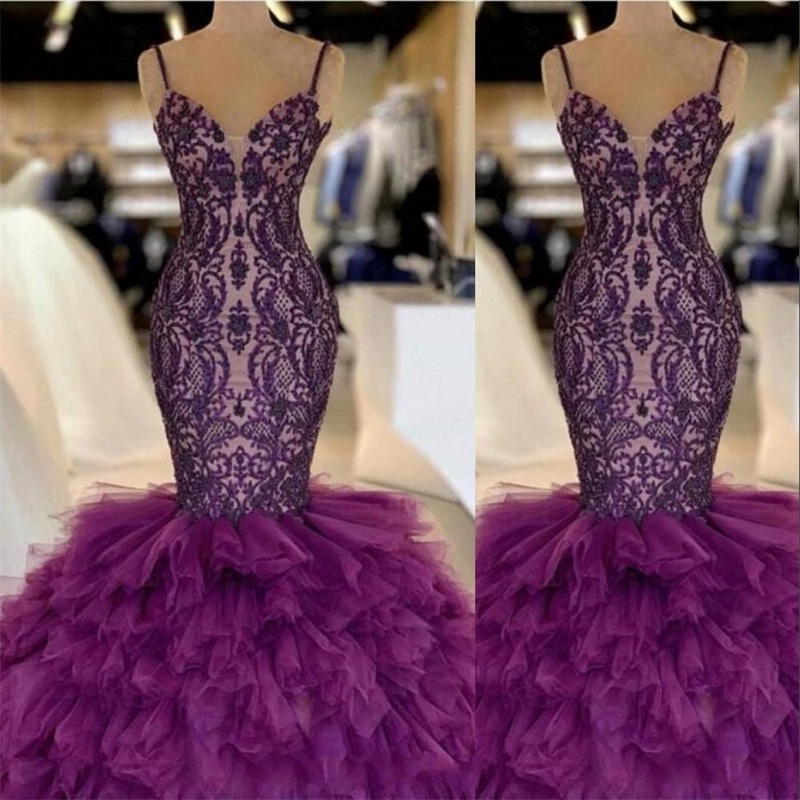 Purple Mermaid Long Evening Dresses Lace Appliques Layered Ruffles Tiered Tulle Spaghetti Straps Floor Length Formal Party Dress Prom Gowns