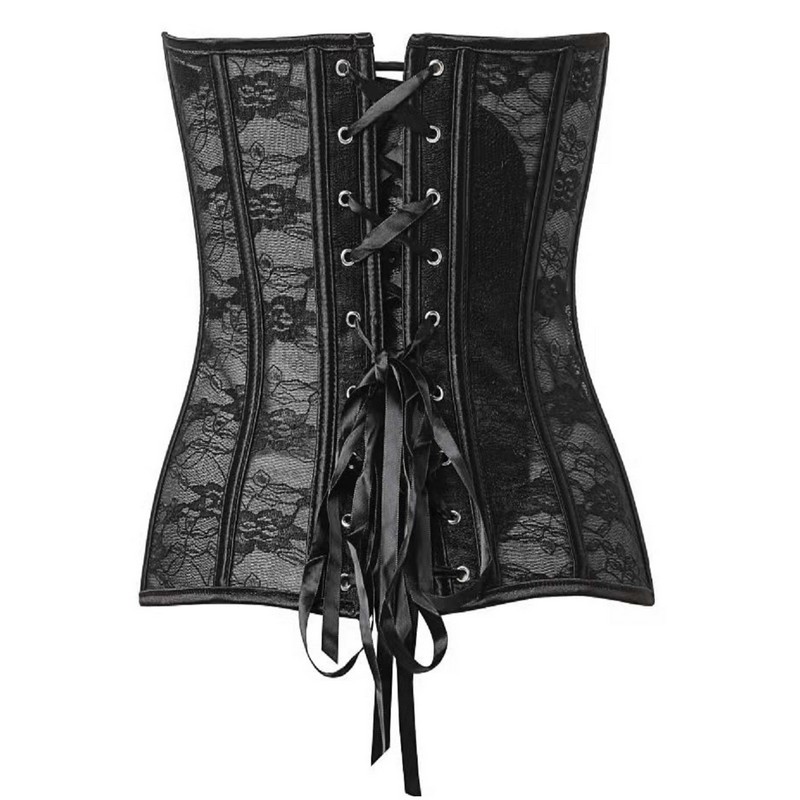 Women Lace and Mesh Overbust Lace-up Bustier Corset Fashion Steampunk Gothic Corselet Plastic Boned XS-3XL White Bridal Gorset
