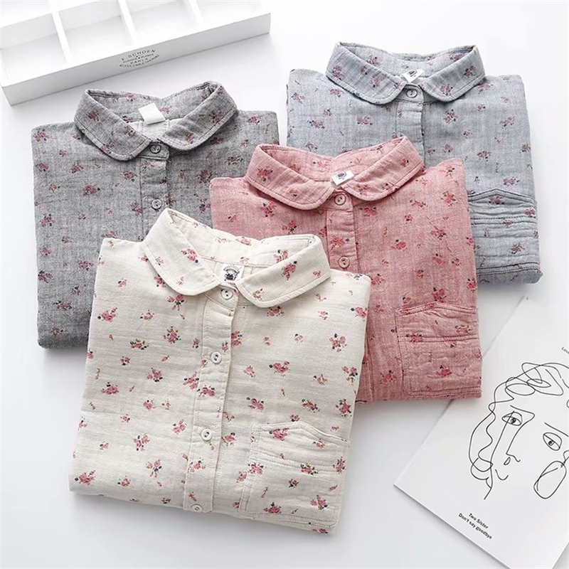 Lamtrip Romantic Floral Print Cotton Yarn Soft Long Sleeve Rustic Flowers Shirt Blouse Female 210225