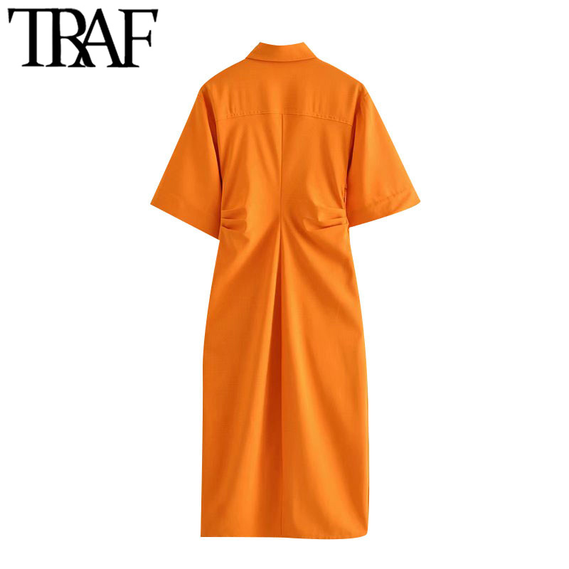 TRAF Women Chic Fashion Button-up Draped Midi Shirt Dress Vintage Short Sleeve Side Zipper Female Dresses Vestidos 210309