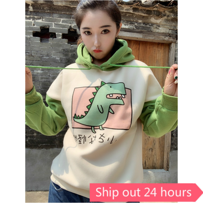 Merry Pretty Women Dinosaur Sweatshirts Hooded Warm Fleece Hoodies Pullovers With Horns Harajuku Hooded Girls Teens Green Hoodie 201212
