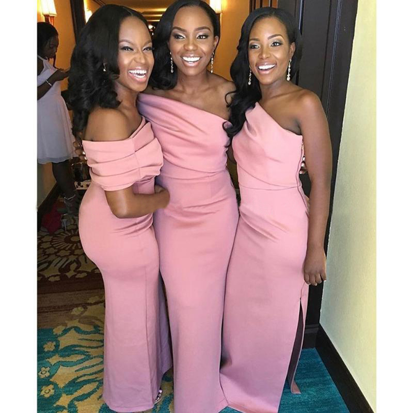 Bridesmaid Dress Strapless Pink Dresses 2021 Black Girls Side Split Sheath Wedding Party Zipper Up Back Satin Long Prom Gown