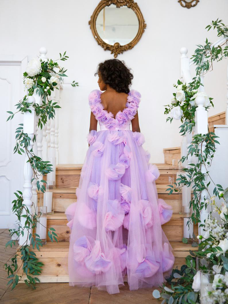 Purple And Pink Flower Girl Dress Hand Made Floral Customize Birthday Gowns Jewel Neck Wedding Pageant First Communion Dresses