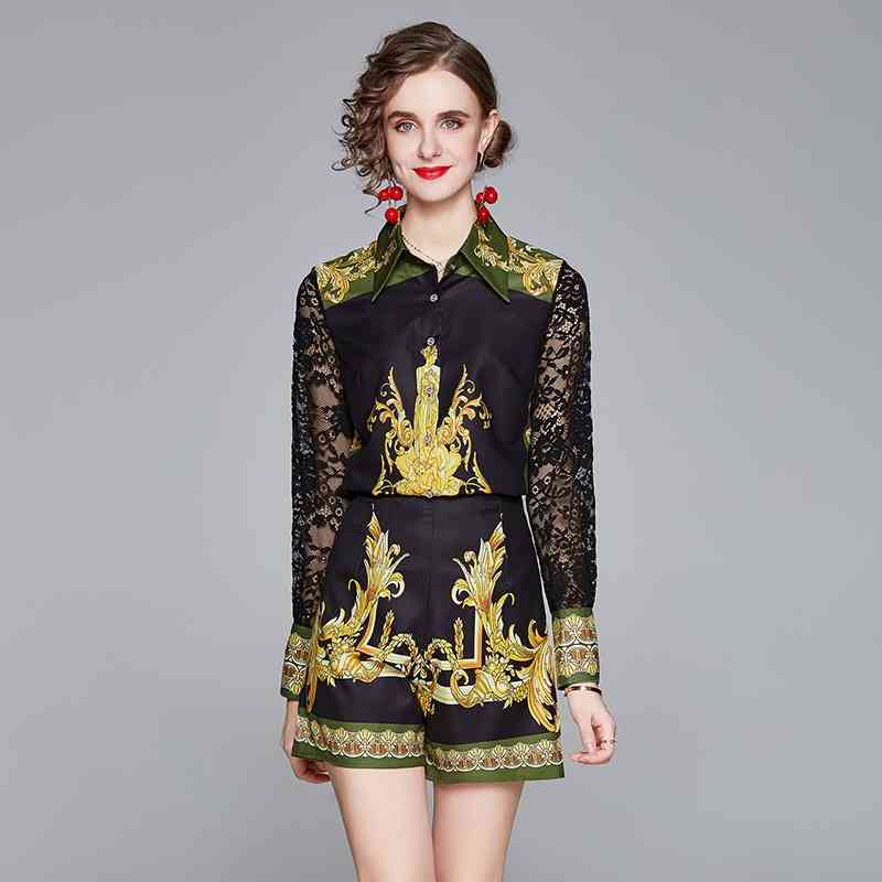 Runway Autumn Vintage Print Shorts 2 Two Pieces Sets Women's Chic Lace Patchwork Long Sleeve Shirt Tops and Mini Suits 210603, The picture color
Runway Autumn Vintage Print Shorts 2 Two Pieces Sets Women's Chic Lace Patchwork Long Sleeve Shirt Tops and Mini Suits 210603, The picture color