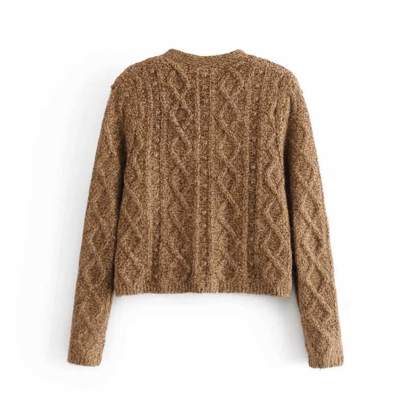 ZA Autumn Winter Knitted Female Decorati Loose Knit Sweater Coat Retro Solid Color V Neck knitted cardigan Women Jacket 210602