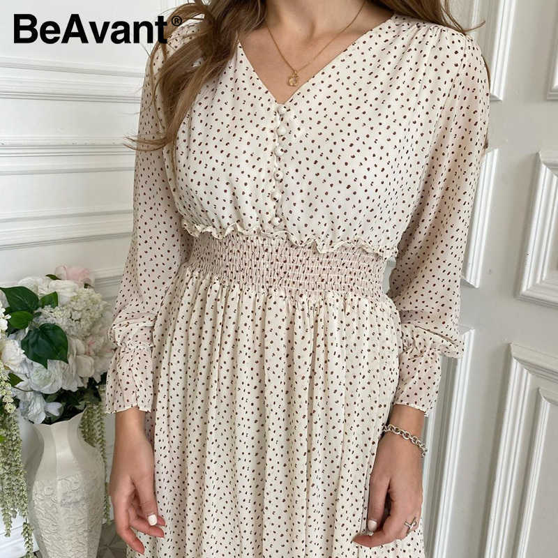 Beavent Casual flare sleeve dress women Elegant V-neck polka dot print dress High waist A-Line holiday female midi dress vestido 210709