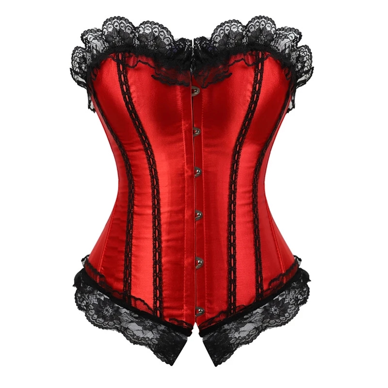 

ANDREAGIRL Sexy Satin Lace up Boned Overbust Corset And Bustier With Lace Trim Showgirl Stripe Lingerie Red S-6XL Fashion 8113