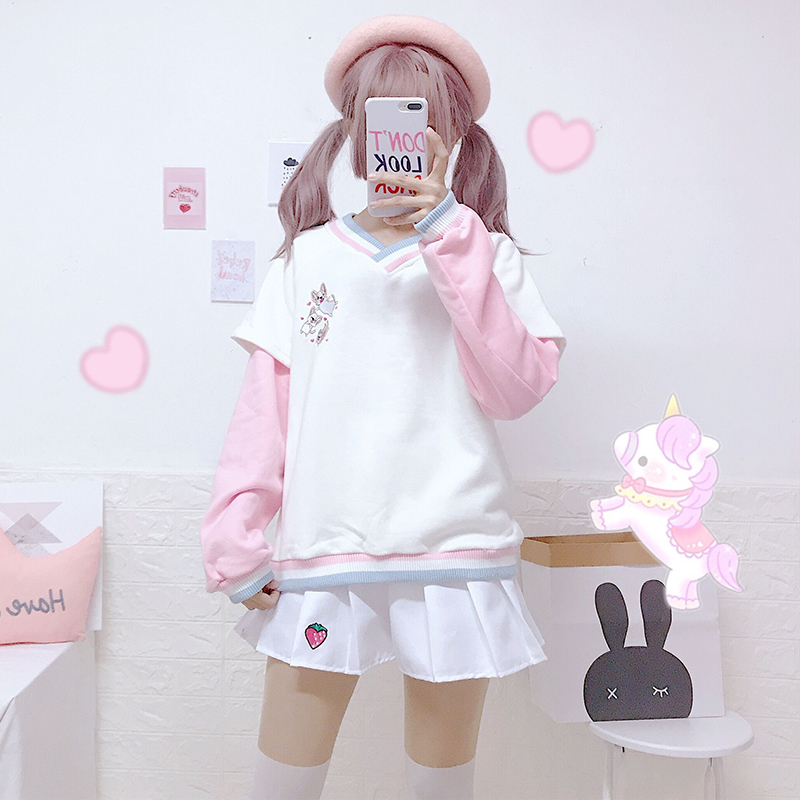 XUANHAO Kawaii Sweet Women's Embroidery Sweatshirt Pink Hoodies Sweatshirts Long Sleeve O-neck Pullovers Girls Cute Tracksuits 201029