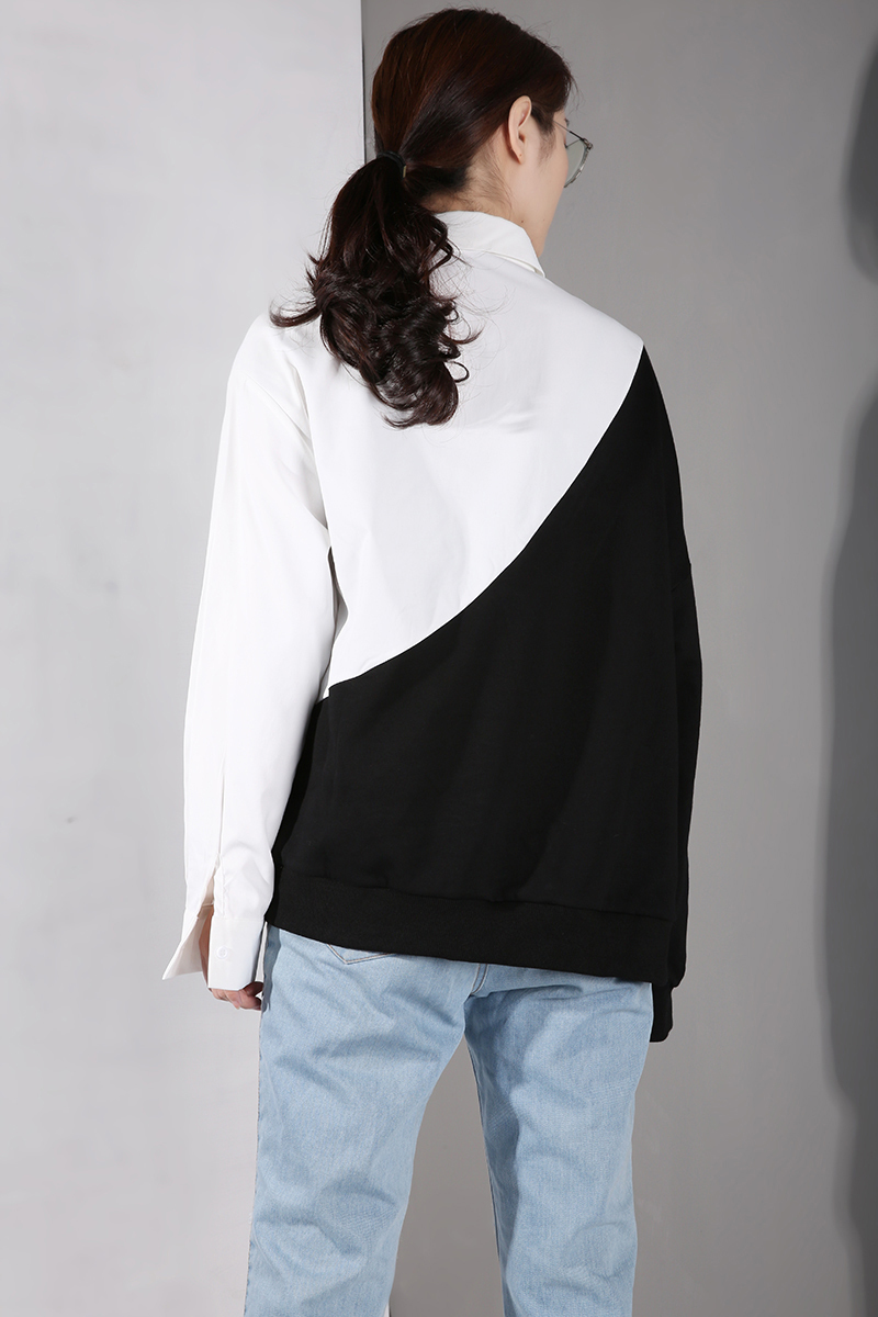 [EAM] Loose Fit Black Contrast Color Irregular Sweatshirt New Lapel Long Sleeve Women Big Size Fashion Tide Spring LJ201130