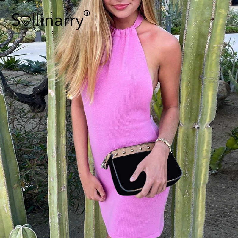 Sollinarry Sexy Backless solid summer mini dress women High street slim bodycon dress Streetwear Beach holiday party club dress 210709