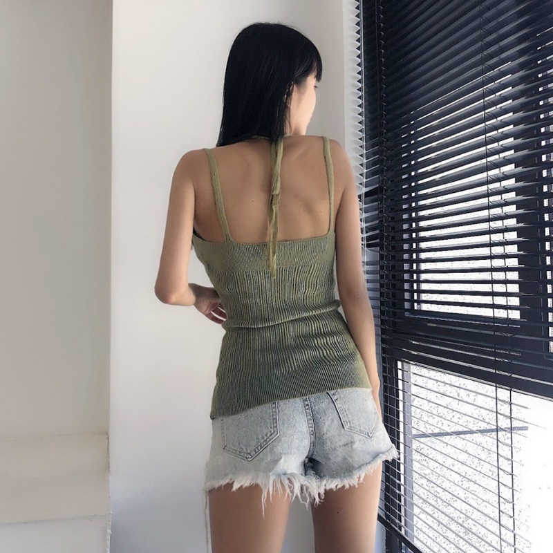 VGH Korean Vest For Women Halter Sleeveless High Waist Striped Backless Sling Slim Sexy Vests Female Summer Fashion 210625