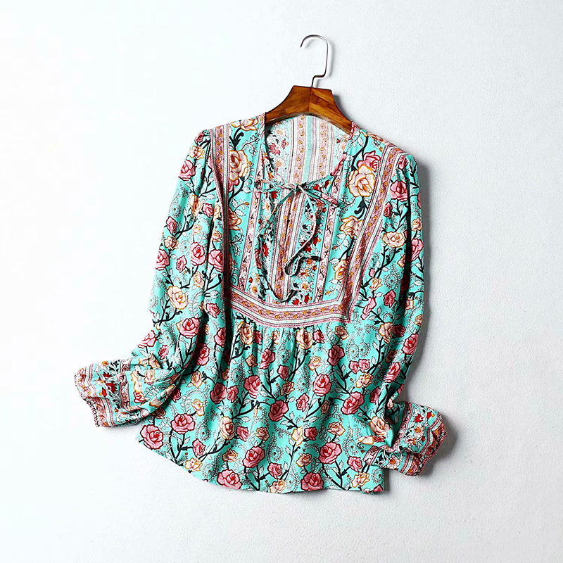 TEELYNN long sleeve blouses for women shirts cotton green Floral print blouse beach shirts sexy v neck boho summer blouse blusas 210225