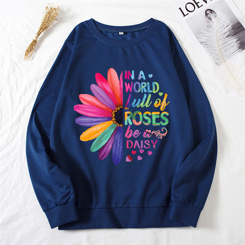 New Daisies Print Sweatshirt Kpop Hoodies Women Pink Tops Pullover O-Neck Sweatshirts Winter Clothes Women Long Sleeve Shirts 201102