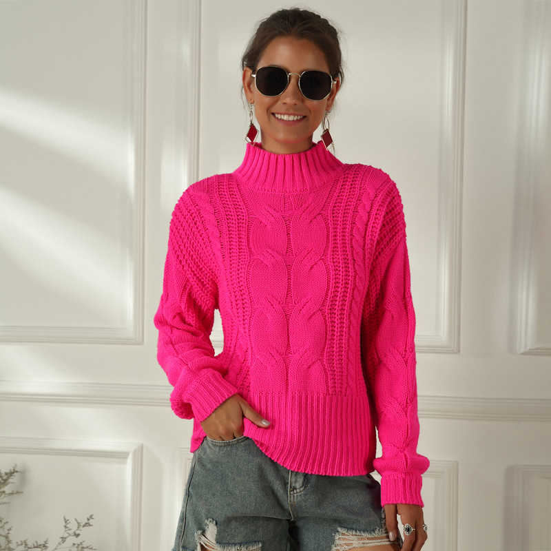 Neon Sweater Women Knitted Fuchsia Pink Solid Half Turtleneck Pullovers Long Casual Loose Knitting Shirts Female Jumpers 210918