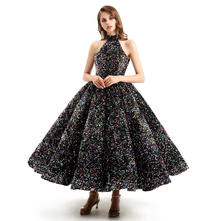 Green O-Neck Sexy Luxury Ankle-Length Evening Gowns 2022 Sleeveless puffy skirt Sequins Sparkle prom dresses real image