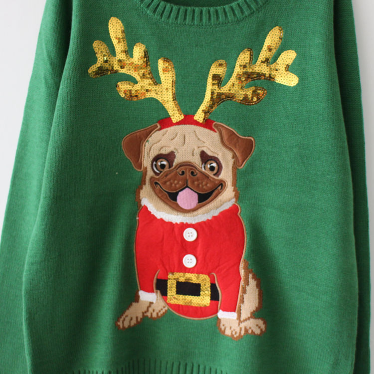 Ugly Sweater Christmas Sweater Women Green Pug Dog Embroidery Sequins Long Sleeve Pullover Knitted Jumper Tops M99591 210218