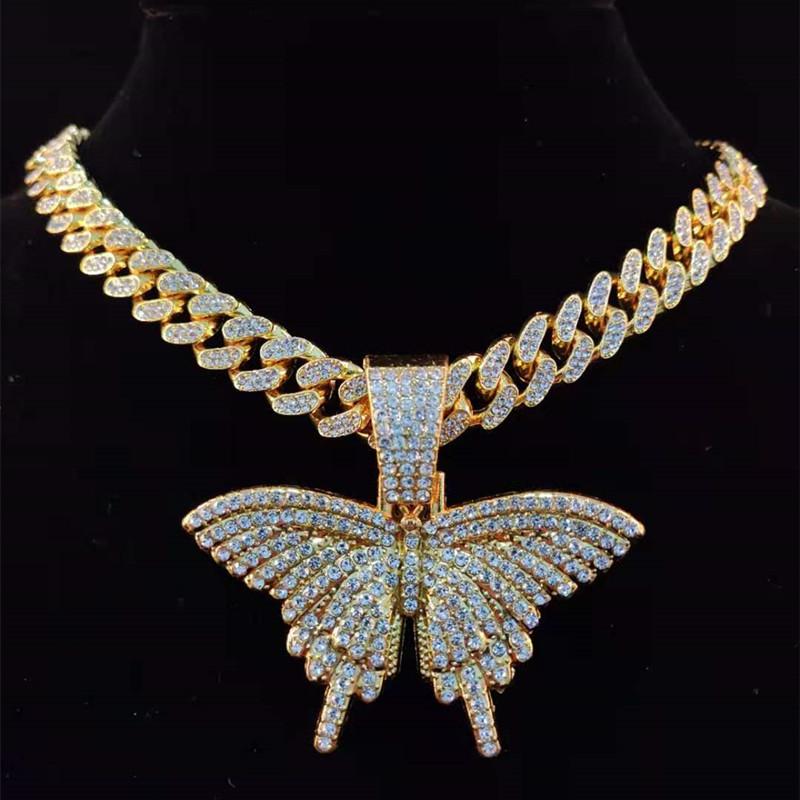 Pendant Necklaces Men Women Hip Hop Butterfly Necklace With 13mm Miami Cuban Chain Iced Out Bling HipHop Fashion Charm Jewelry