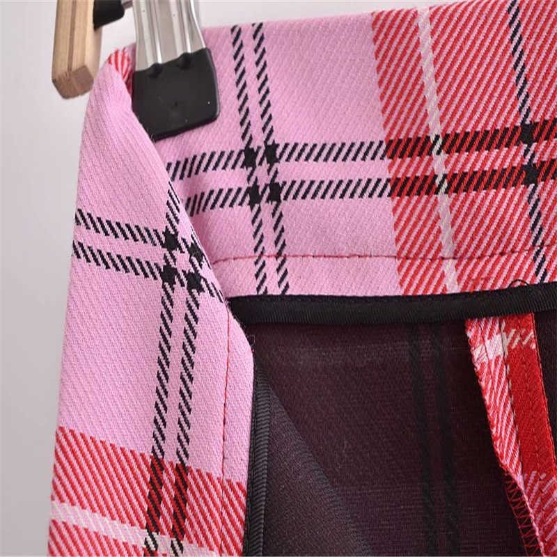 Za Vintage Plaid Midi Skirt Women High Waist Spring Red Skirts Woman Fashion Back Vent Side Zip Casual Straight Skirts 210602
