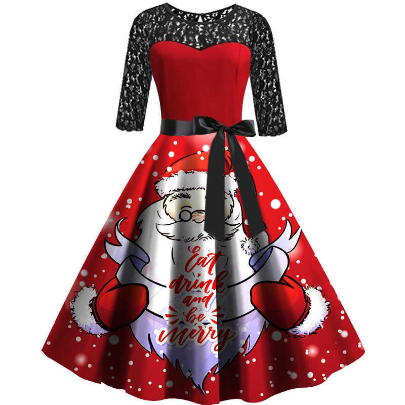 Autumn Winter Christmas Dress Women Sexy Lace Patchwork O Neck Half Sleeve Santa Claus Print Bow Big Swing Xmas Party 210526