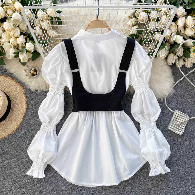 Chic Women Fashion White Long Sleeve Lapel Shirt + High Waist Vest Two-piece Sets R653 210527