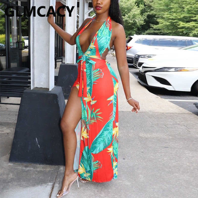 Tropical Printed Summer Beach Dress Halter V Neck Backless Party Dress 210702