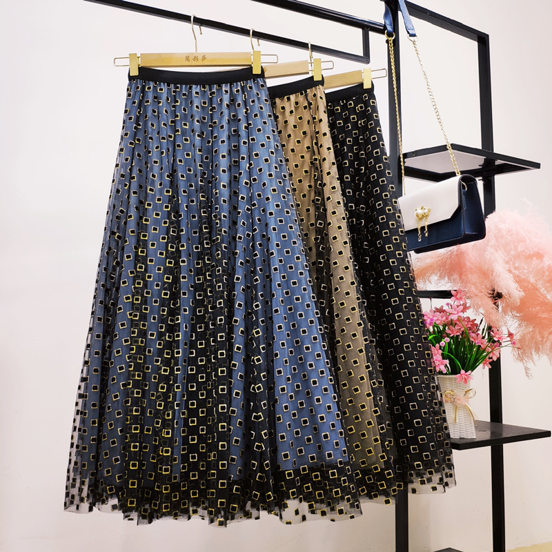 Autumn Heavy Work Plaid Skirt womens Winter Womens MidLength A line Skirt High Waist elegant Tulle Print Skirt 210306
