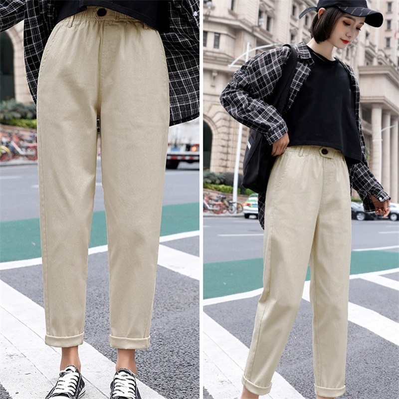 Women Pants Beige High Waist Casual Loose Harem Pant Women Korean Pencil Trousers Cargo Pants Streetwear 201012