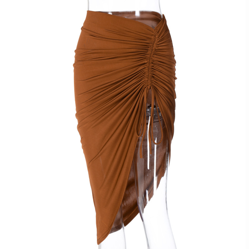 High Waist Lace Up Mini Skirts Womens Ruched Drawstring Hip Sexy Tight Slit Skirt Club Wrinkled Irregular Orange Pary G1860 210306