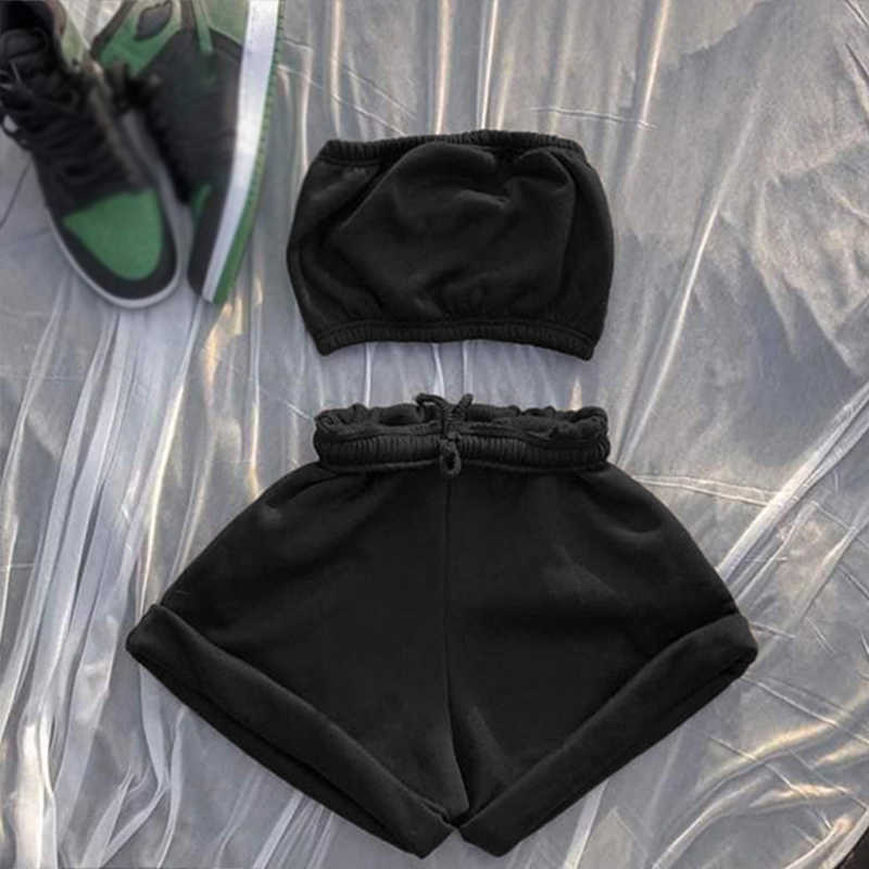 Women's Tube Top Set With Shorts Strapless Crop Tops Female Tracksuit Sports Sets High Waist Short Trousers Summer Casual Suit 210524