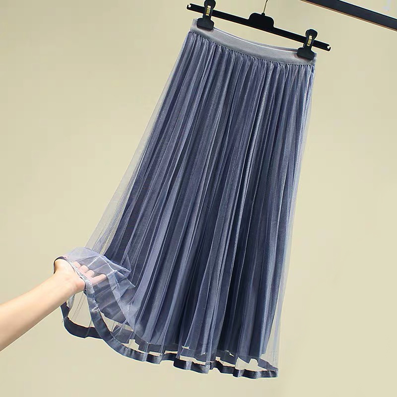 Zoki Women Tulle Skirt Fashion Velvet Mesh Spring Korean Elastic High Wasit Long Skirt Elegant Chic Ladies Party Faldas 210306