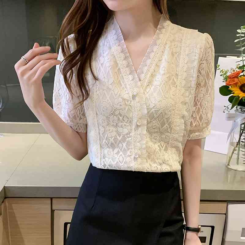 Summer Korean Lace Women Shirts Woman Short Sleeve Blouse Chiffon Blouses Office Lady White Tops Plus Size XXL 210531