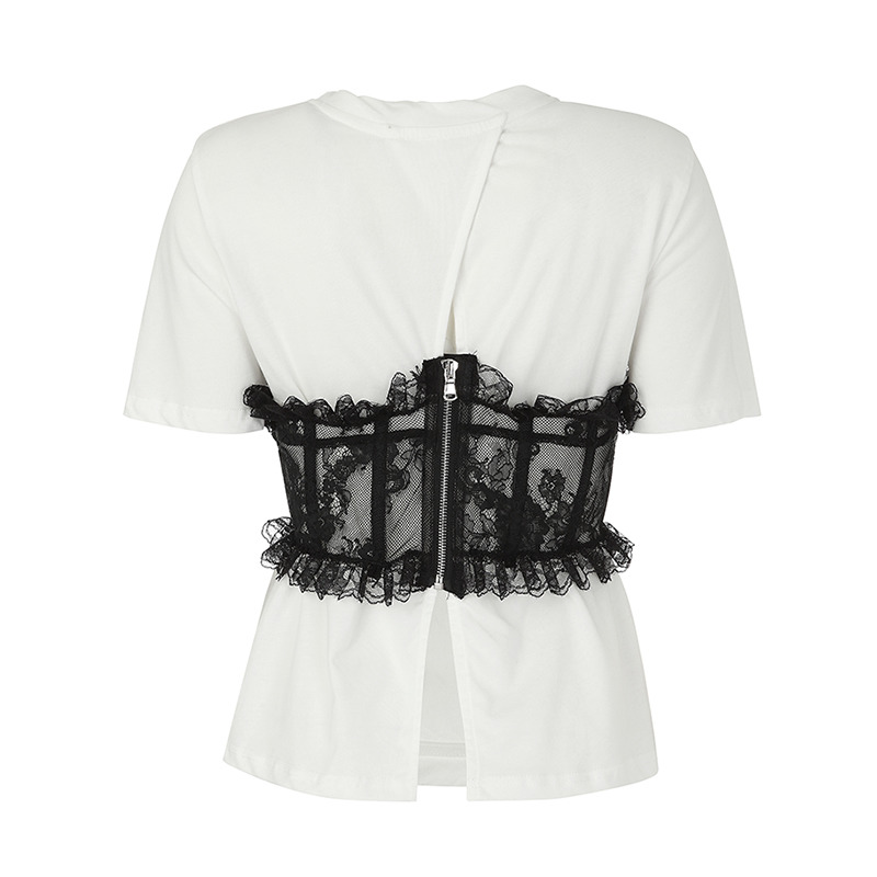 TWOTWINSTYLE Patchwork Lace Tube Top T Shirt For Women O Neck Short Sleeve Casual T Shirt Female Summer Fashion New Clothes 210306