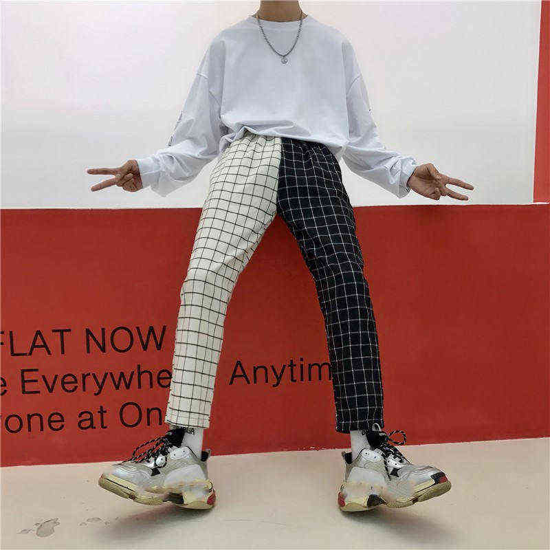 Neploe Vintage Plaid Patchwork Pants Harajuku Woman Man Trousers Elastics High Waist Korean Causal Straight Checkerboard 211115