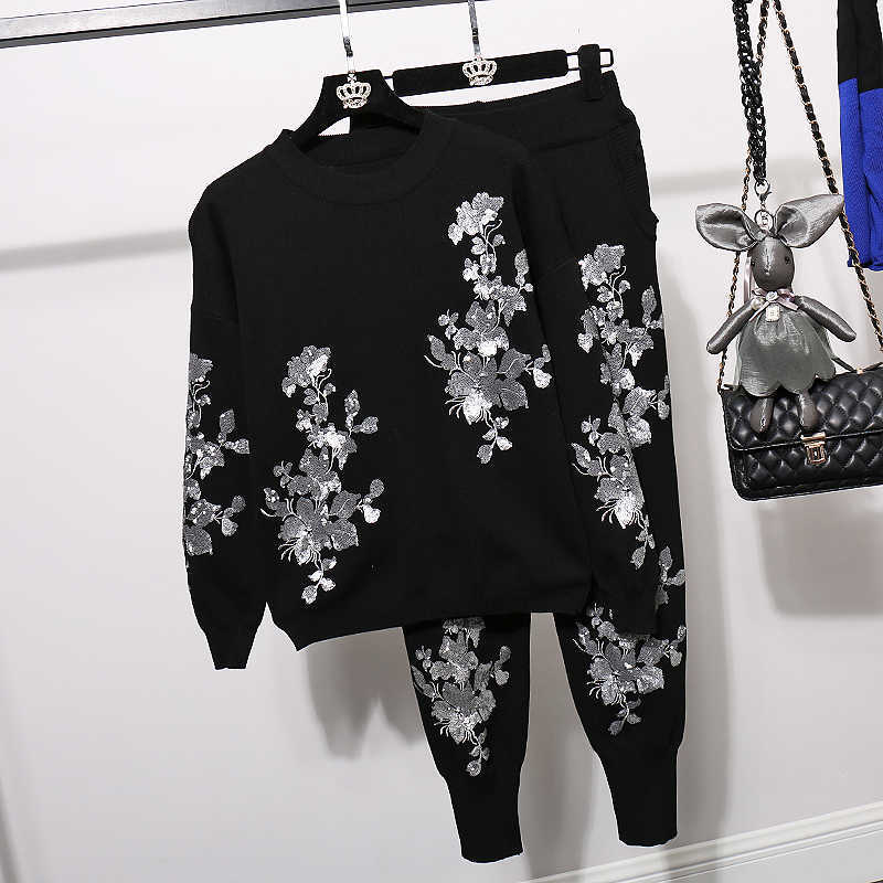 DEAT Women Knitting Embroidery Personality Long Pants Arrivals Two Piece Set Fashion Spring Autumn 11D424 210709