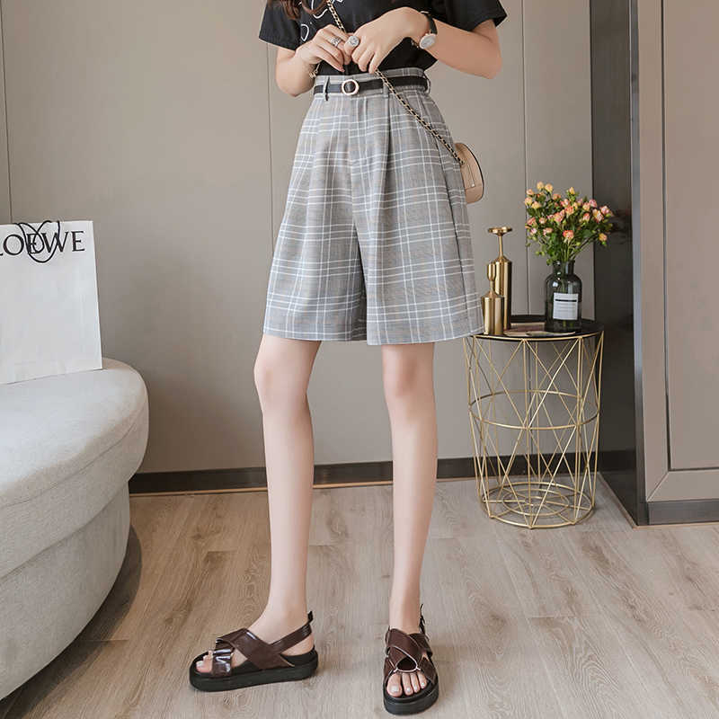 S-3XL Sashes Booty Shorts High Waist Summer Vintage Plaid Wide Leg Suits Short Women Elegant All Match Straight Belt Girl 210714