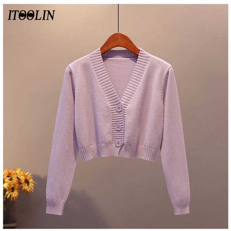 ITOO Cardigan For Knitted Sweater V-Neck Long Sleeve Crop Tops Female Button Up Cardigans Cropped Women Clothing 210918