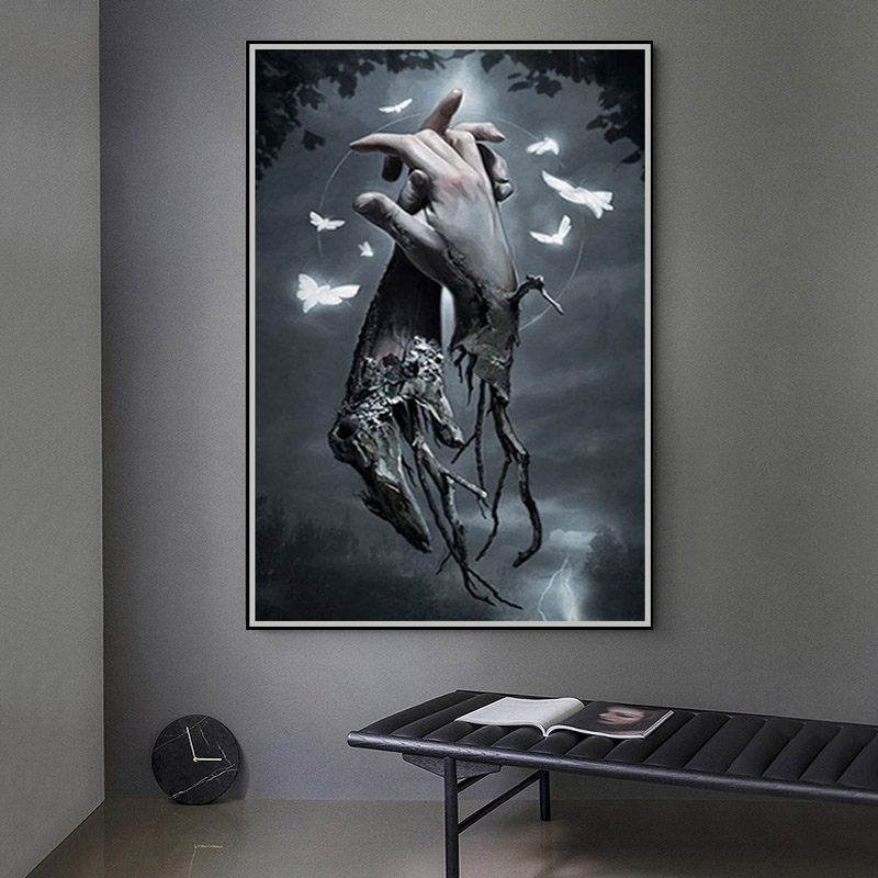 Abstract Hands Canvas Painting Sad Picture Posters and Prints Withered Tree and Finger Wall Paintings for Living Room Cuadros