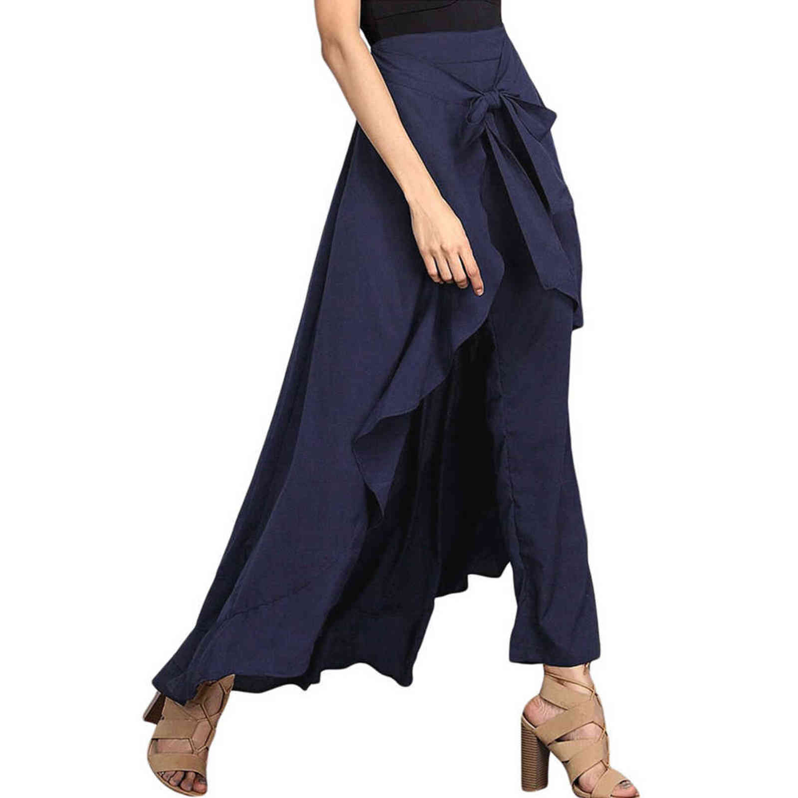 Women Pants Causal Ruffle Drawstring Trouser Elegant High Waist Irregular Loose Pure Color Autumn Female Pant Skirt 211115