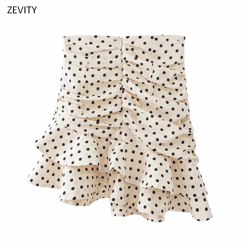 Women fashion polka dot print pleated asymmetrical skirt faldas mujer ladies back zipper vestidos chic ruffles skirts QUN379 210309