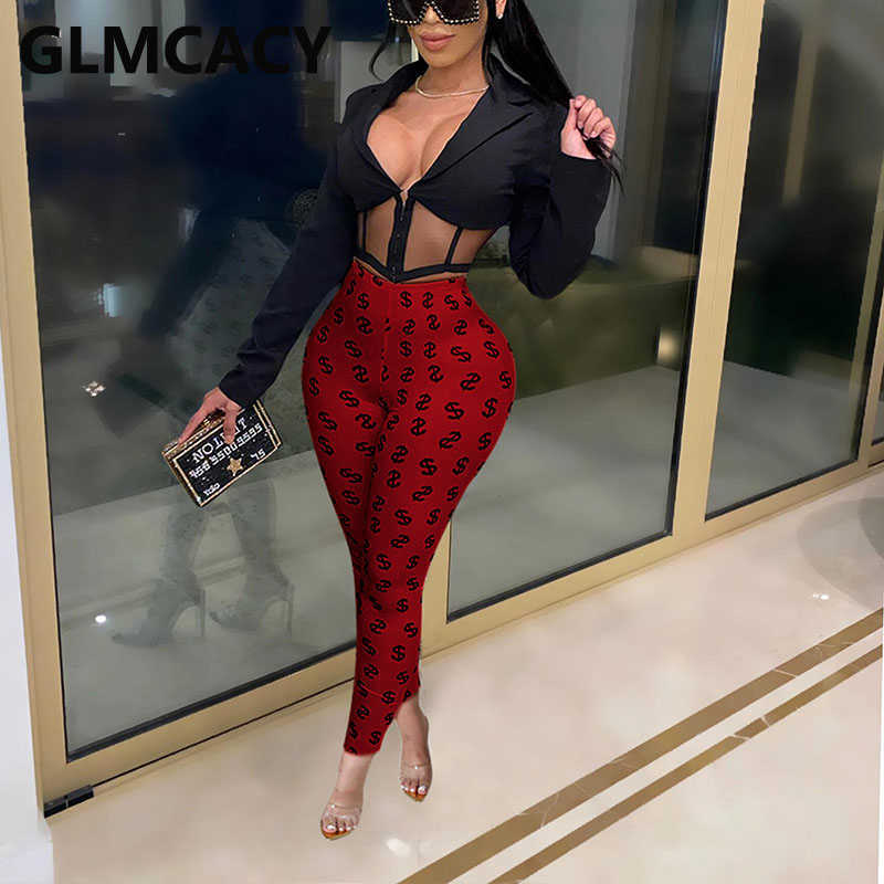 Women USD Symbol Printed Pants Casual Skinny Fitness Trousers 210702
