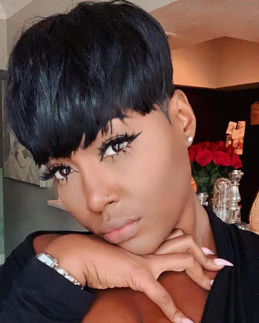 Free shipping Brazilian wavy Short Human Hair For Black Women natural color /ombe blonde Pixie Cut lace front Wig with bangs